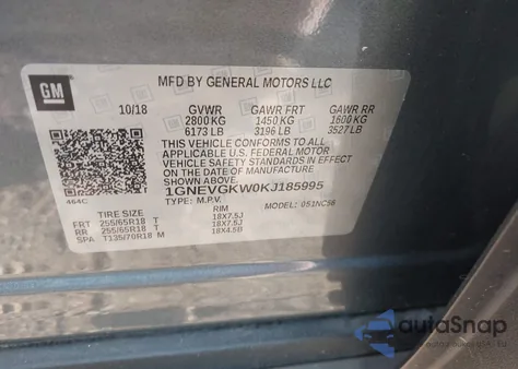 2019 Chevrolet Traverse 1Lt z USA, uszkodzony, nr VIN 1GNEVGKW0KJ185995